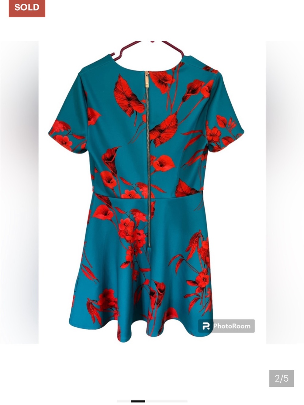 Ted Baker Teal Dress with Red Floral Print - Picture 4 of 6